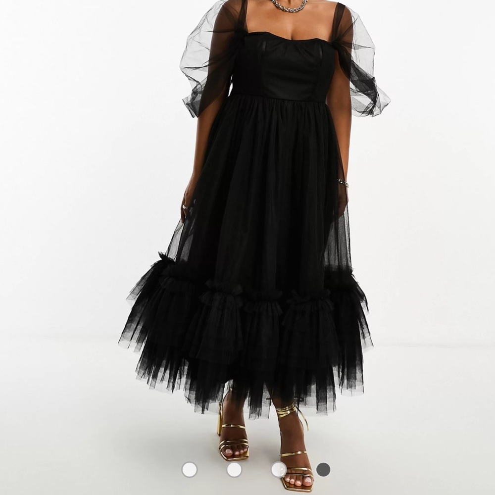 Lace & Beads Plus off shoulder corset ruffle midaxi dress in black
